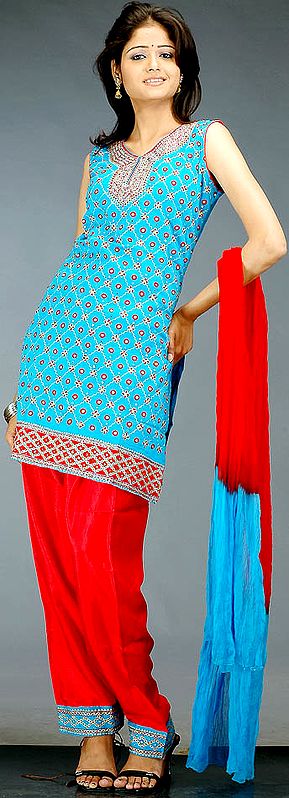 Turquoise and Red Salwar Kameez Suit with All-Over Threadwork
