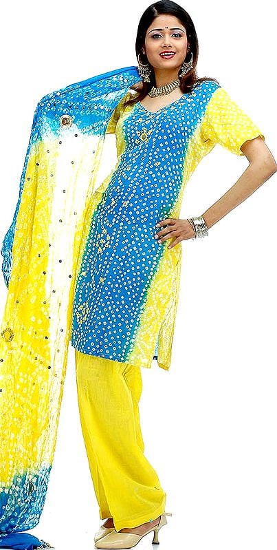 Turquoise and Yellow Bandhani Parallel Salwar Suit