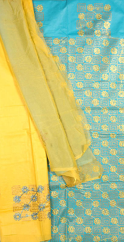 Turquoise and Yellow Salwar Suit with Embroidered Flowers