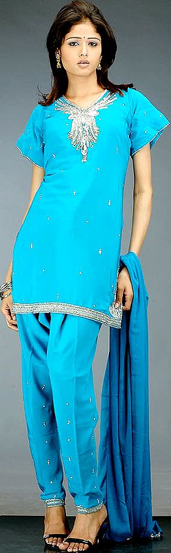 Turquoise Choodidaar Suit with Beads and Crystals