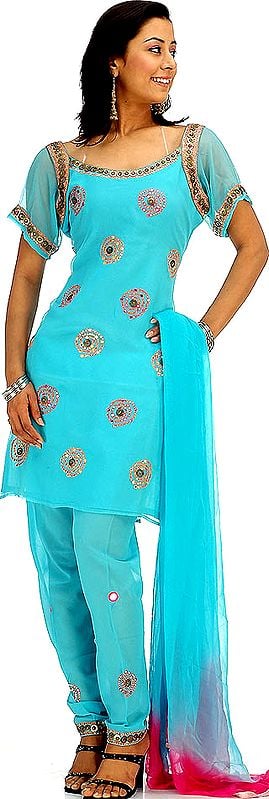 Turquoise Choodidaar Suit with Mirrors and Brass Beads