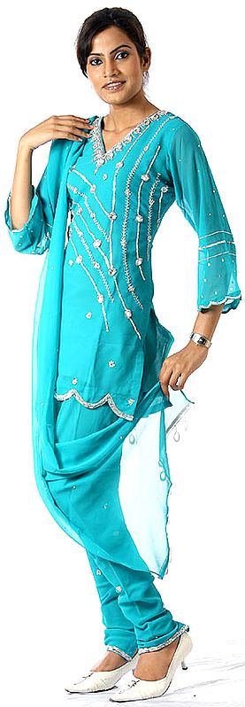 Turquoise Choodidaar Suit with Sequins and Beads