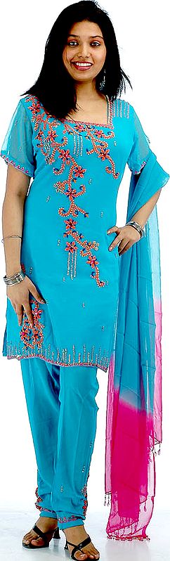 Turquoise Choodidaar Suit with Sequins Embroidered as Flowers