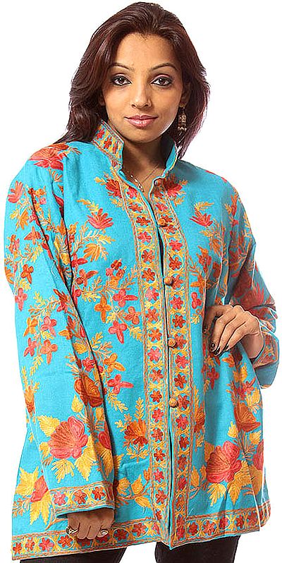 Turquoise Jacket from Kashmiri with Aari Embroidered Flowers