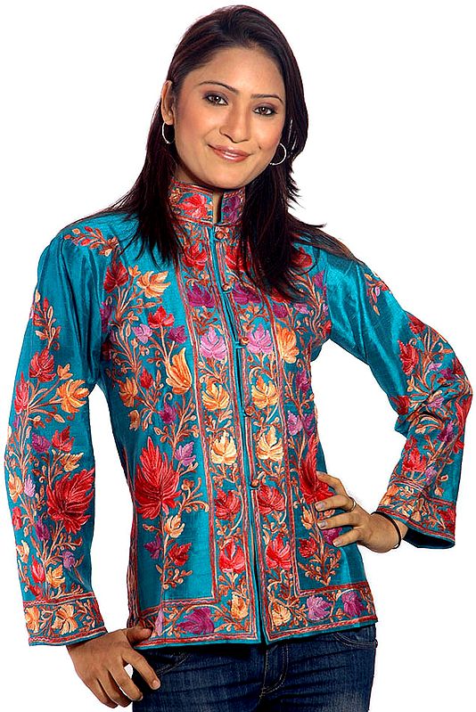 Turquoise Jacket with Floral Embroidery All-Over