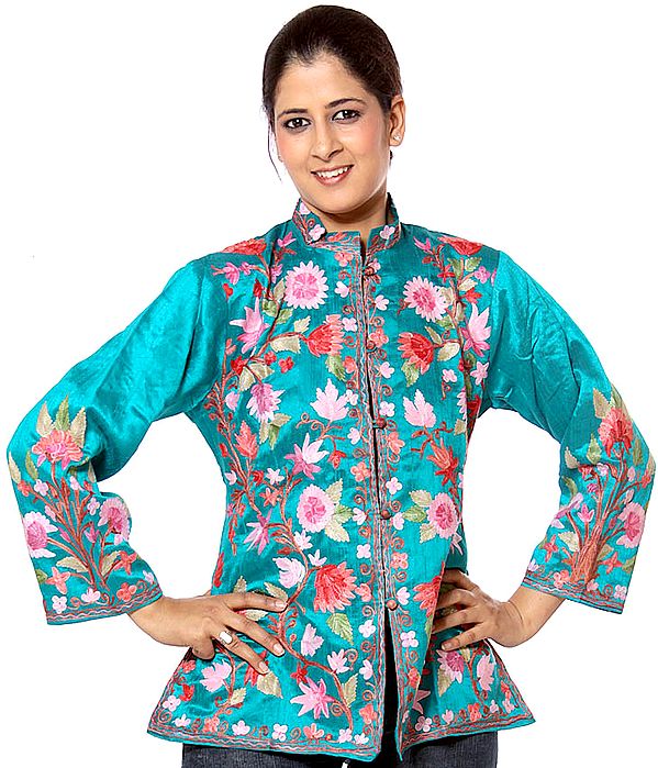 Turquoise Kashmiri Jacket with Crewel Embroidered Flowers