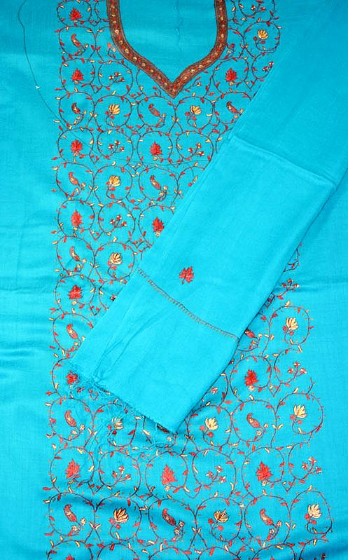Turquoise Kashmiri Three-Piece Suit with Needle Embroidery by Hand