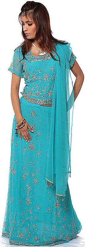 Turquoise Lehenga Choli with Multi-Color Sequins