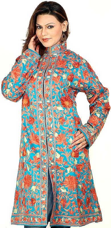 Turquoise Long Silk Jacket with Crewel Embroidered Large Flowers