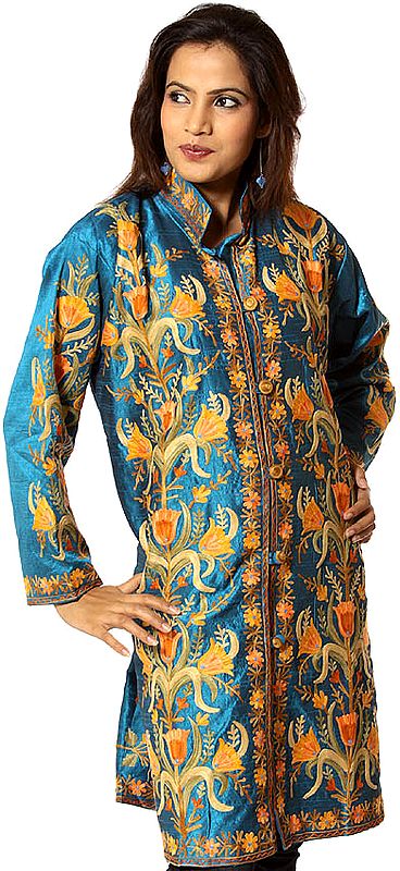Turquoise Long Silk Jacket with Embroidered Tulips