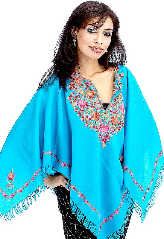 Turquoise Poncho with Hand-Embroidery on Borders