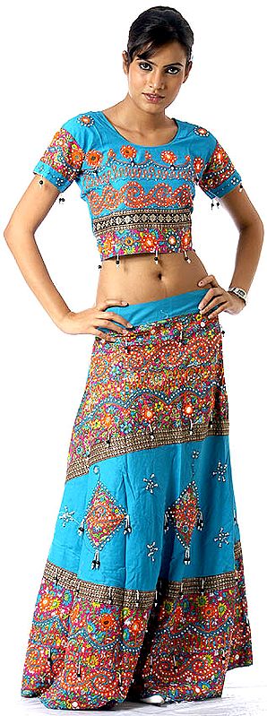 Turquoise and Magenta Printed Gypsy Chaniya Choli from Rajasthan with Mirrors and Embroidery