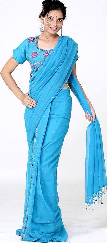 Turquoise Readymade Sari with Sequins and Beadwork