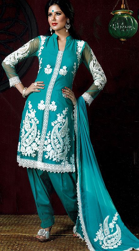 Turquoise Salwar Kameez Crochet Suit with Embroidered Paisleys in White