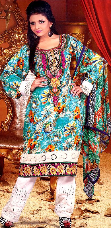 Turquoise Salwar Kameez Suit with Digital Printed Flowers and Floral Patch Border
