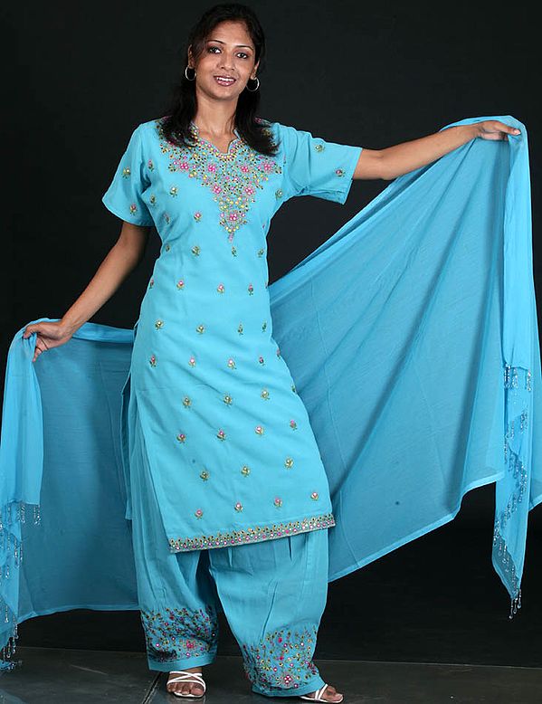 Turquoise Salwar Kameez with Beads and Embroidery