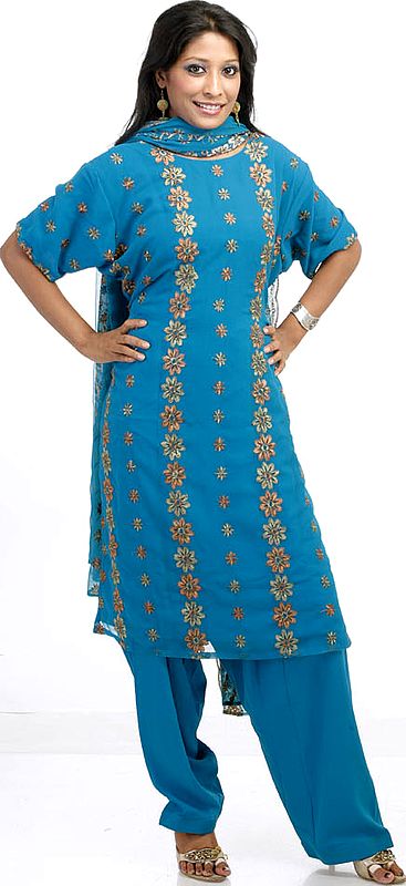 Turquoise Salwar Kameez with Floral Embroidery All-Over