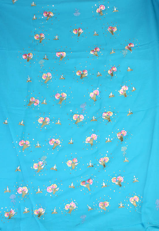 Turquoise Salwar Suit Fabric with Persian Embroidered Flowers and Sequins