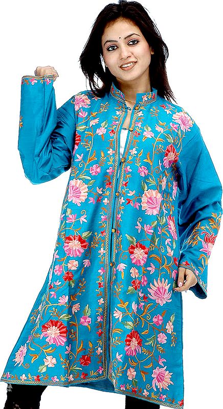 Turquoise Silk Jacket with All-Over Flowers