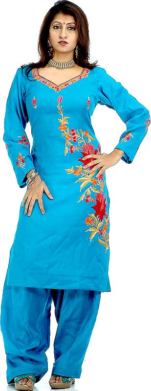 Turquoise Two-Piece Kashmiri Salwar Kameez with Aari Embroidery