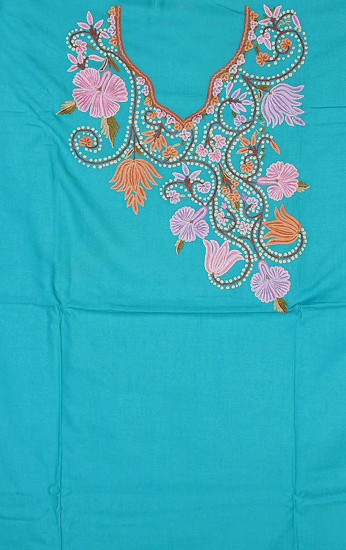 Turquoise Two-Piece Salwar Suit from Kashmir with Crewel Embroidered Flowers