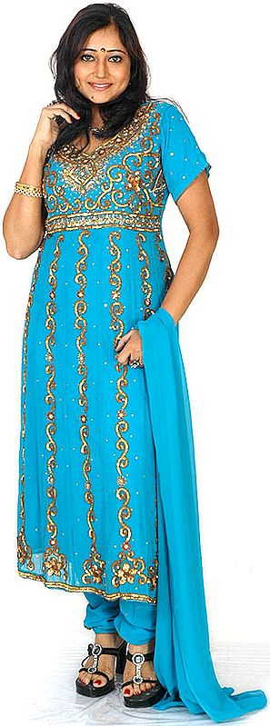 Turquoise-Blue Anarkali Suit with Antique-Beadwork