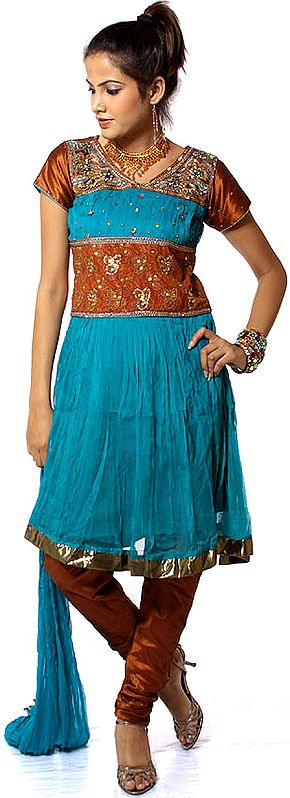 Turquoise-Blue and Brown Anarkali Suit with Embroidered Sequins