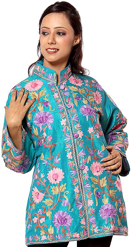 Turquoise-Blue Jacket from Kashmir with Floral Embroidery