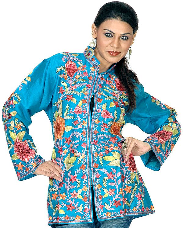 Turquoise-Blue Jacket with Floral Embroidery All-Over