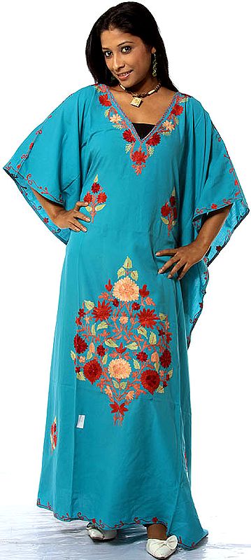 Turquoise-Blue Kaftan V-Neck from Kashmir with Aari-Embroidered Flowers