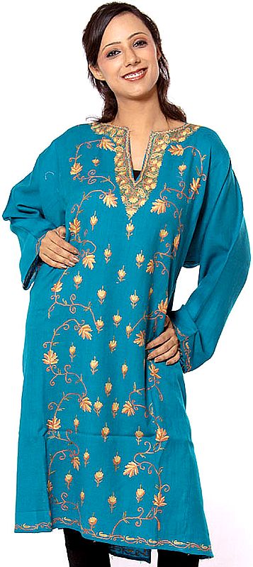 Turquoise-Blue Kashmiri Phiran with Crewel Embroidery