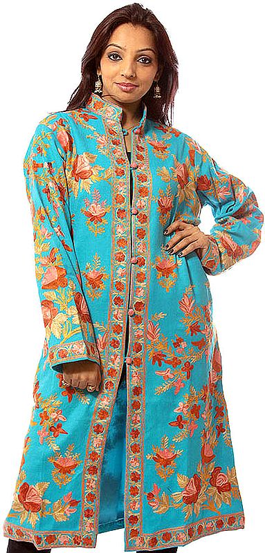 Turquoise-Blue Long Floral Jacket from Kashmir with Aari-Embroidered Flowers