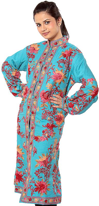 Turquoise-Blue Long Jacket with Crewel Embroidered Flowers