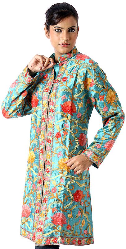 Turquoise-Blue Long Silk Jacket with Embroidered Flowers All-Over