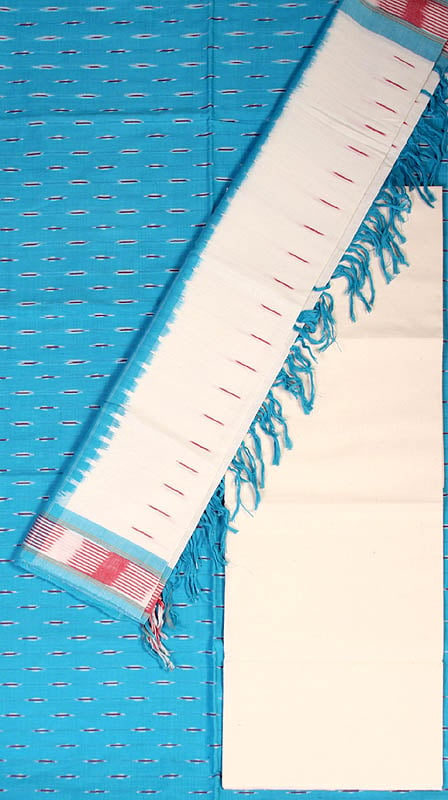 Turquoise-Blue Salwar Kameez Fabric with Ikat Weave