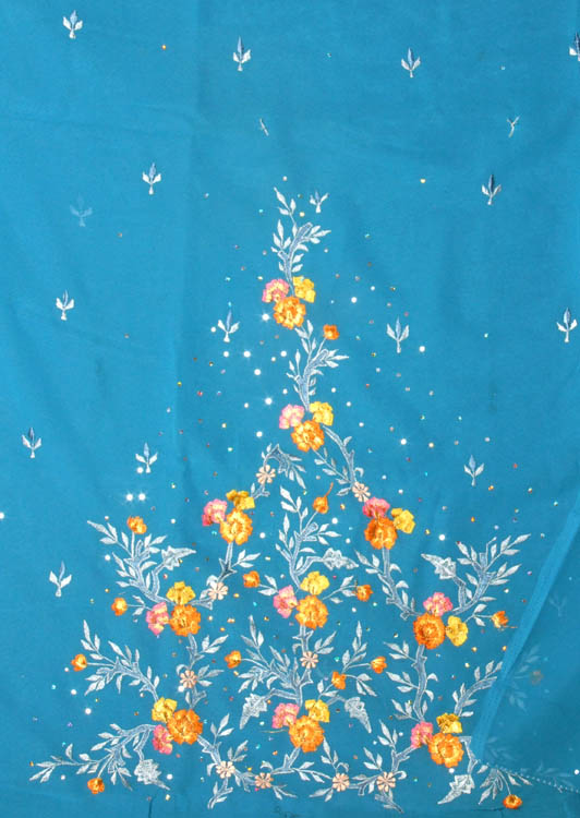 Turquoise-Blue Salwar Suit Fabric with Parsi Embroidered Flowers on Front