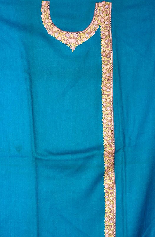 Turquoise-Blue Two-Piece Angarakha Style Suit from Kashmir with Aari Embroidery