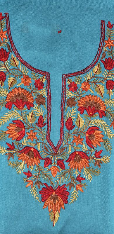 Turquoise-Blue Two-Piece Suit from Kashmir with Floral Aari Embroidery by Hand