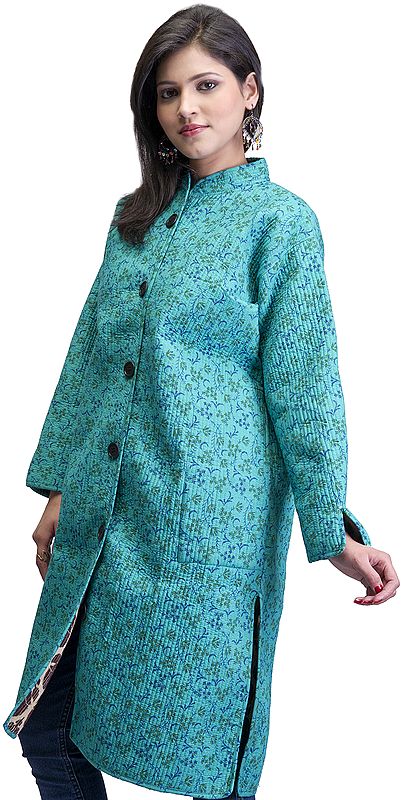 Turquoise-Green Printed Layered Long Jacket from Pilkhuwa with Straight Stitch