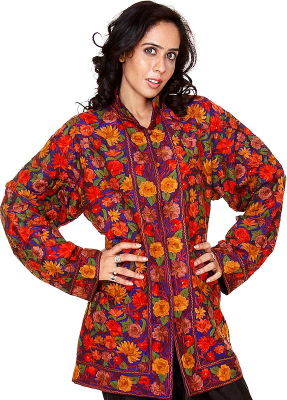Twilight-Blue Kashmiri Jacket with Intricate Multi-Color Floral Embroidery
