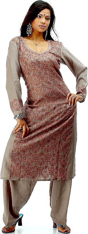 Two-Piece Tan Kashmiri Salwar Suit with All-Over Needle Embroidery