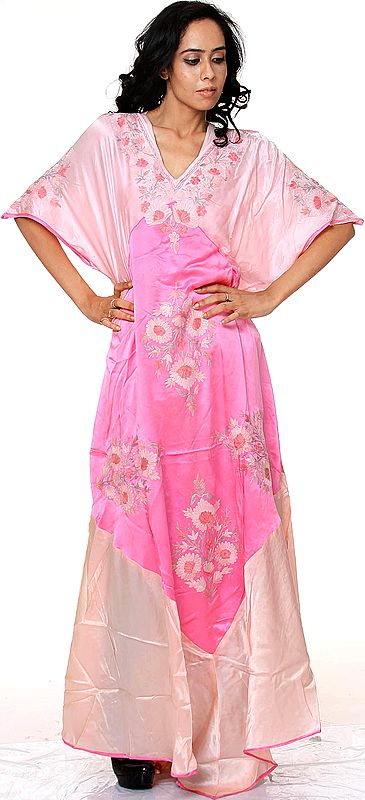 Two-Tone Pink Flaired Kaftan from Kashmir with Floral Embroidery