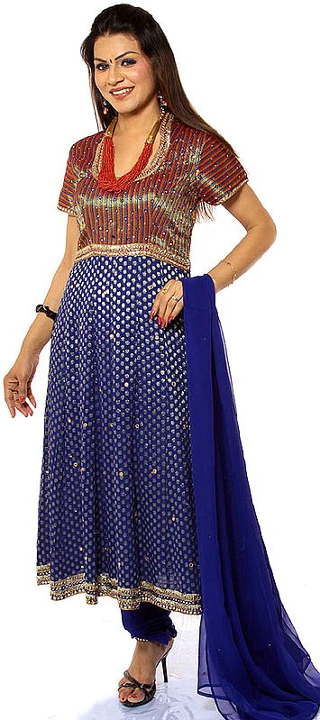 Ultramarine-Blue Anarkali Suit with Woven Bootis and Beadwork