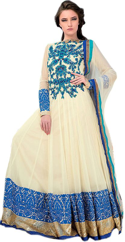 Vanilla-Custard Bridal Flared Anarkali Suit with Aari Embroidery in Blue Thread