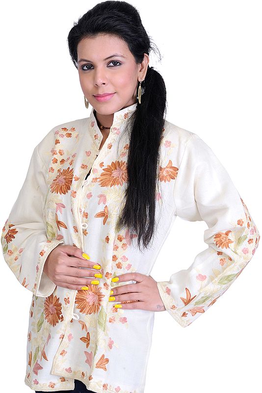 Vanilla-Ice Kashmiri Jacket with Aari Embroidered Flowers in Brown Thread