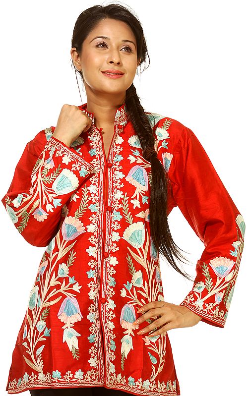Vermillion-Red Jacket From Kashmir with Aari-Embroidered Tulips All-Over