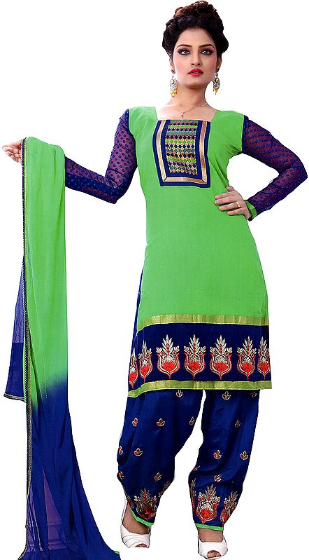 Vibrant-Green and Ultramarine Patiala Salwar Kameez with Patch on Neck and Booties on Salwar