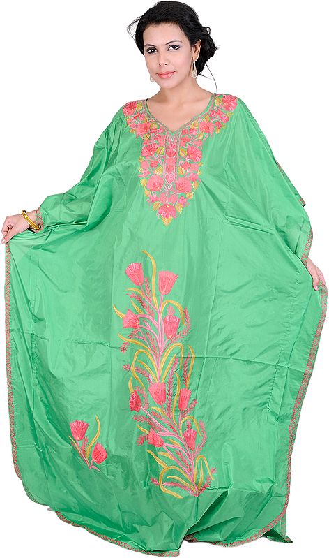 Vibrant-Green Kashmiri Kaftan with Aari Embroidered Flowers