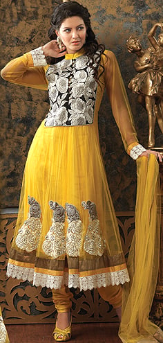 Vibrant-Yellow Designer Anarkali Suit with Floral Embroidery on Neck and Crochet Border