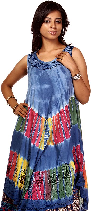 Victoria-Blue Batik Printed Dress with Threadwork